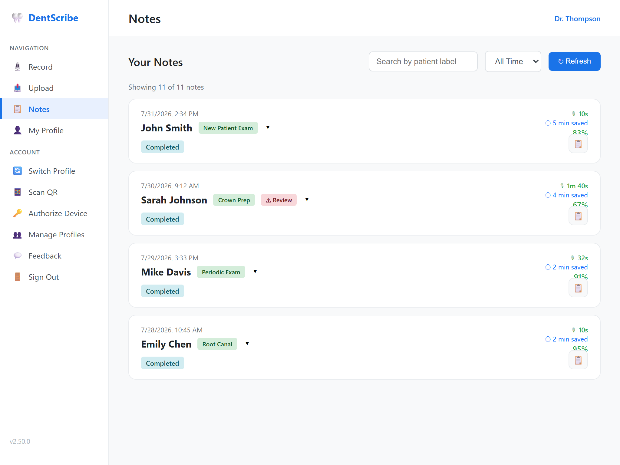 DentScribe notes list on mobile